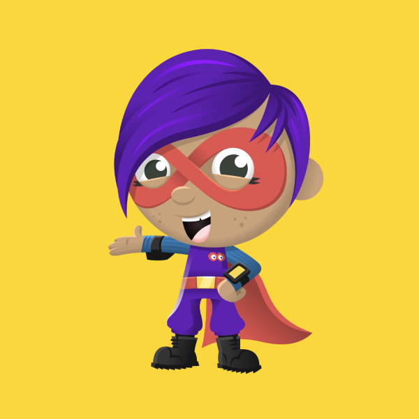 Pixel - Looparoo's main superhero character with purple hair wearing a red mask and purple outfit, black boots and a red cape!